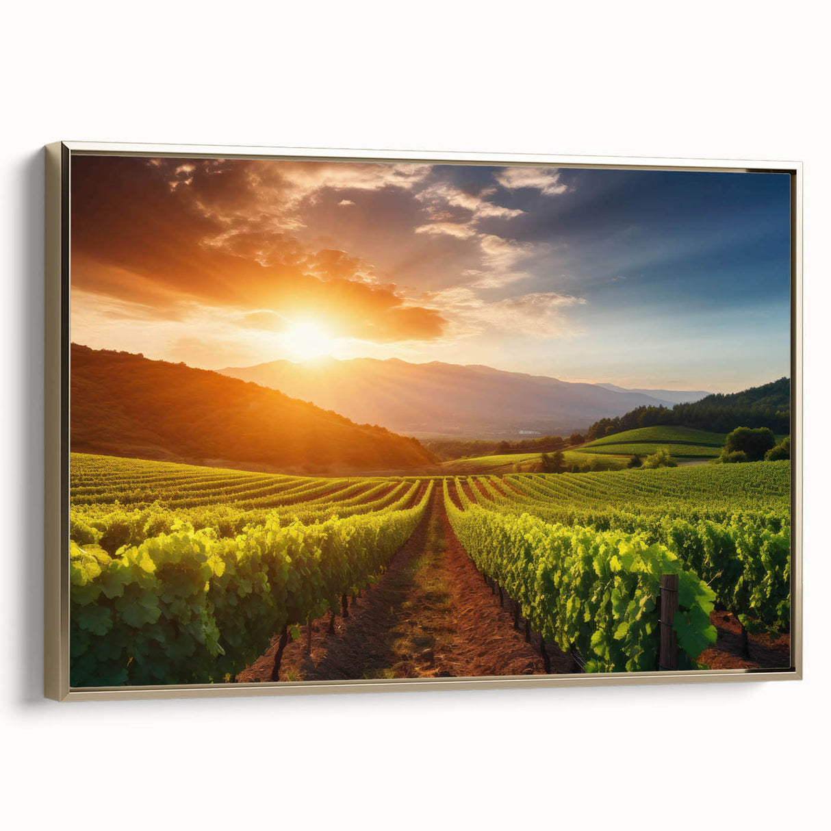 Framed canvas wall art depicting a serene vineyard landscape, showcasing lush green vines and golden hues transitioning into a sunset, perfect for home decor.