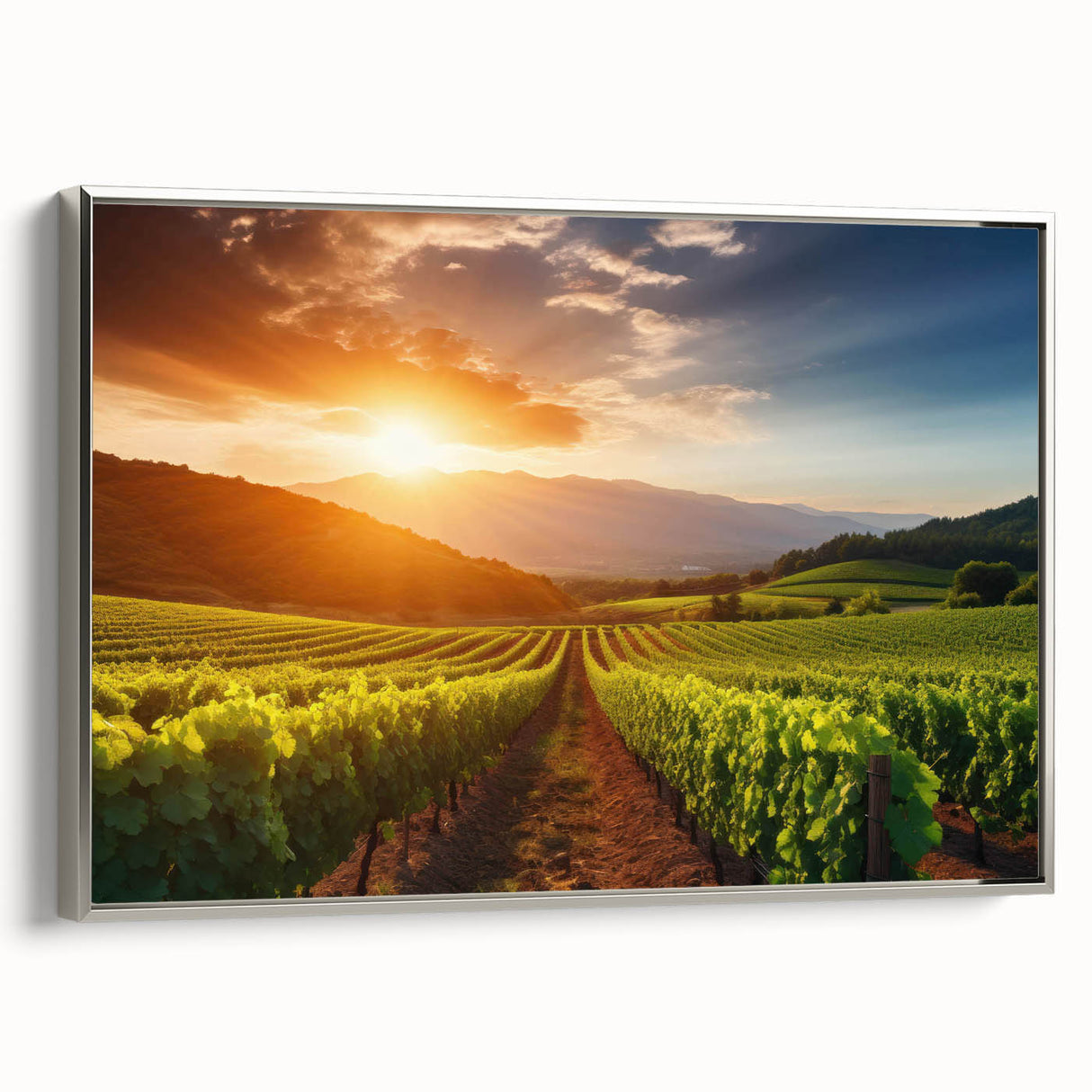 Framed canvas wall art showcasing a serene vineyard landscape design with lush green vines and rolling hills, elegantly displayed in a silver frame. Ideal for home decor.