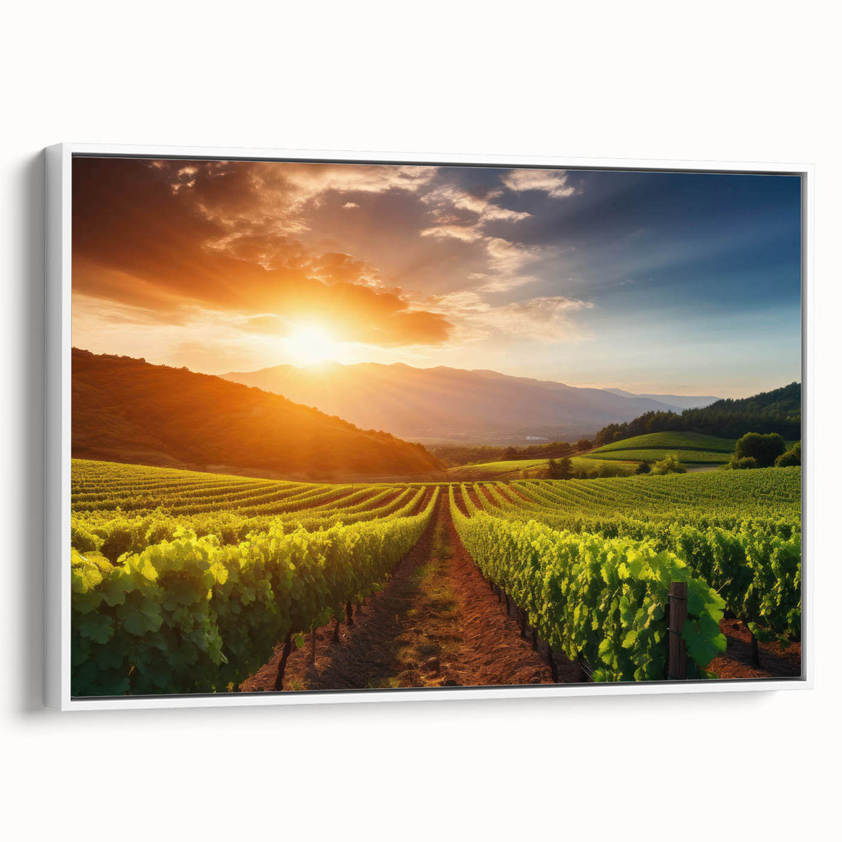 Framed canvas wall art depicting a serene vineyard landscape, showcasing lush green vines and rolling hills under a clear blue sky, ideal for home decor.