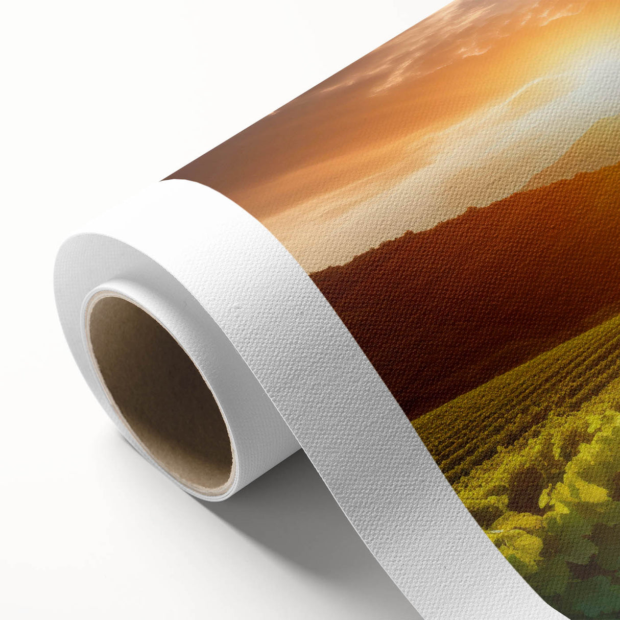Vibrant rolled canvas art showcasing a picturesque vineyard landscape, featuring lush green vines and rolling hills, ideal for home decor and art enthusiasts.