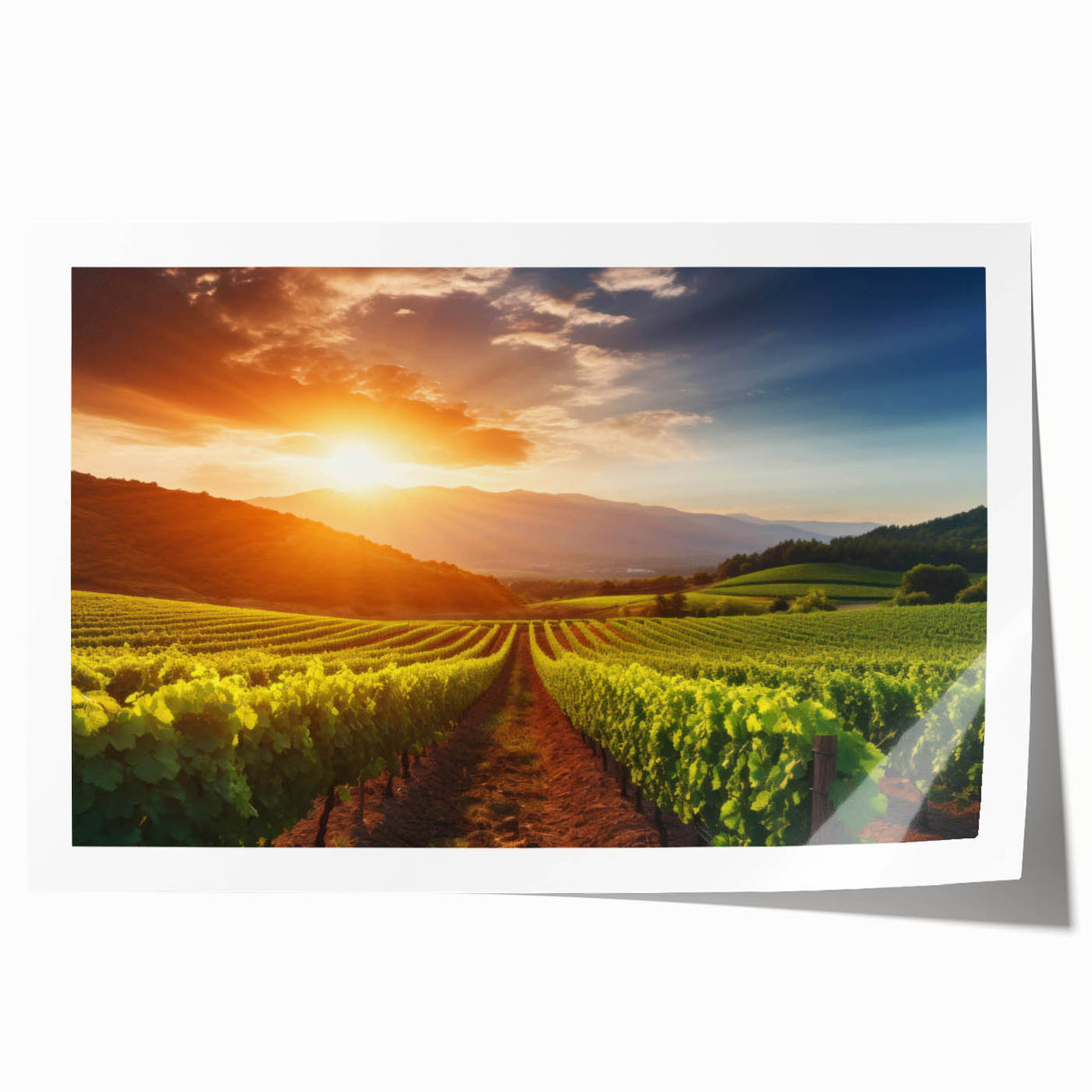 Vibrant landscape wall art showcasing a picturesque vineyard scene with lush grapevines under a clear blue sky, ideal for home decor or wine-themed spaces.
