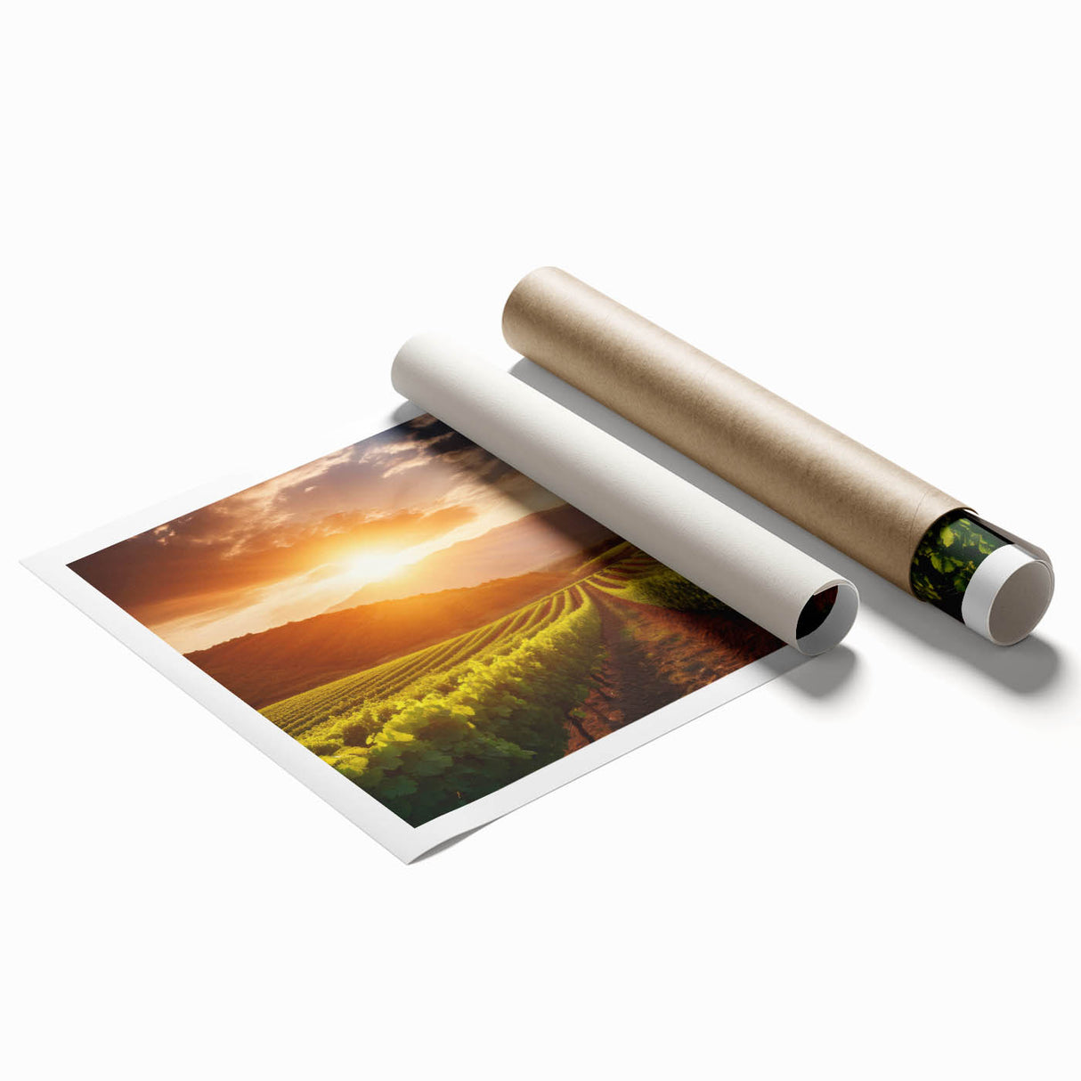 Vibrant vineyard landscape wall art print showcasing lush green vines and rolling hills, perfect for home decor. Rolled and securely packaged for delivery.