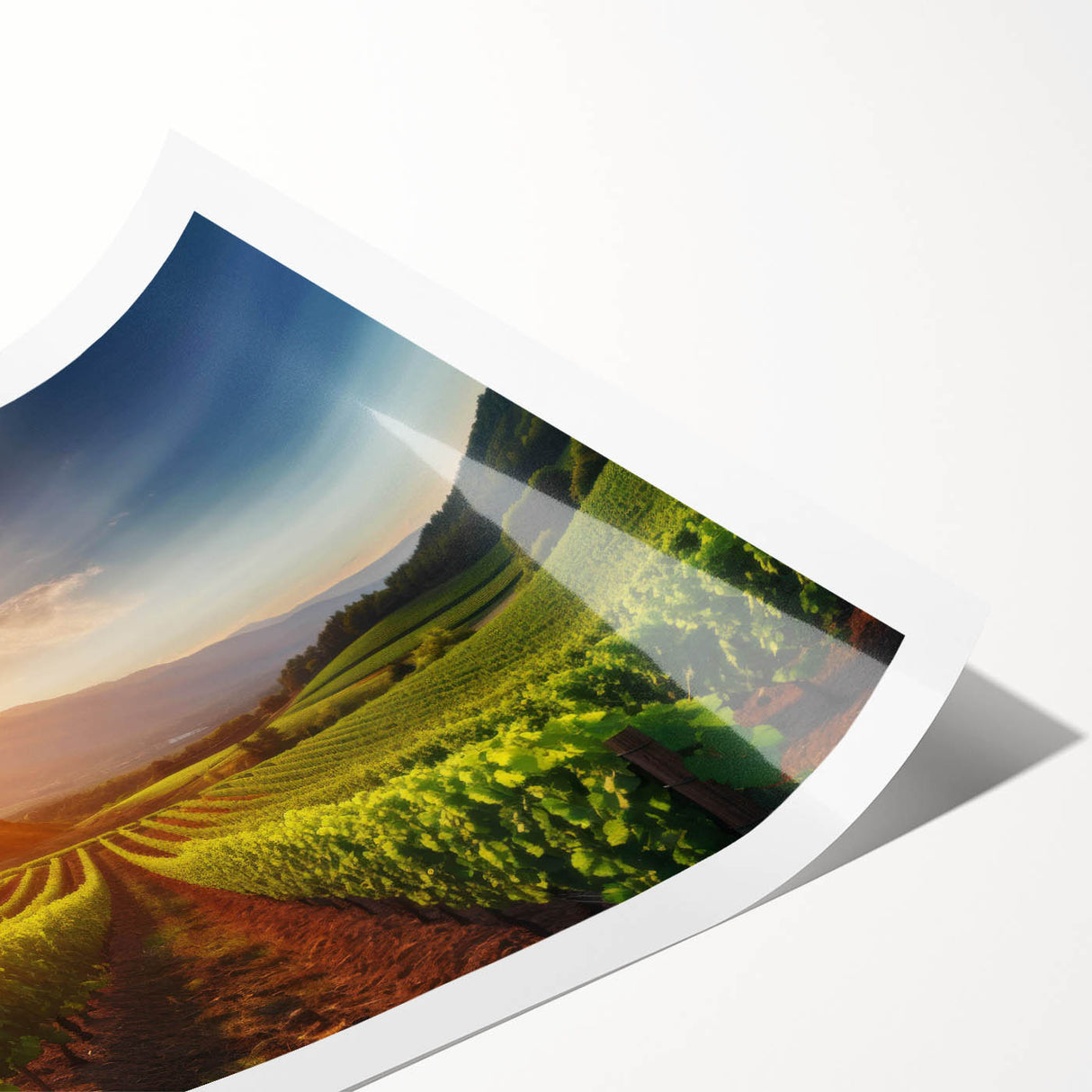 Vibrant landscape vineyard wall art print showcasing lush green vines and rolling hills, rolled for easy framing and display, ideal for home decor enthusiasts.