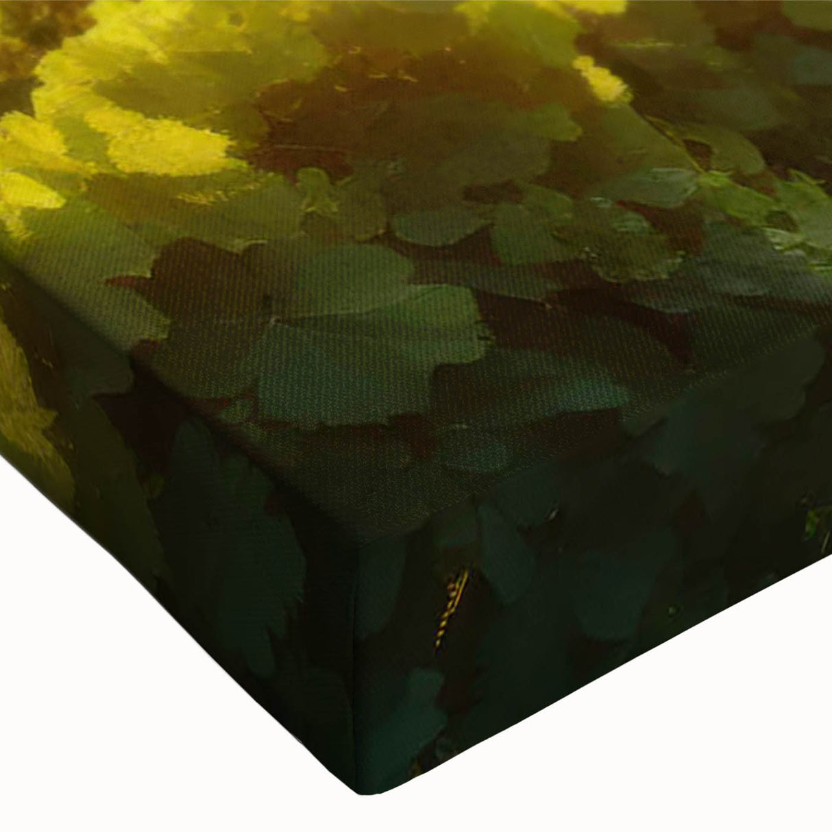 Close-up of a stretched canvas artwork showcasing a vibrant vineyard landscape, highlighting rich green vines and warm sunset hues, perfect for home decor.