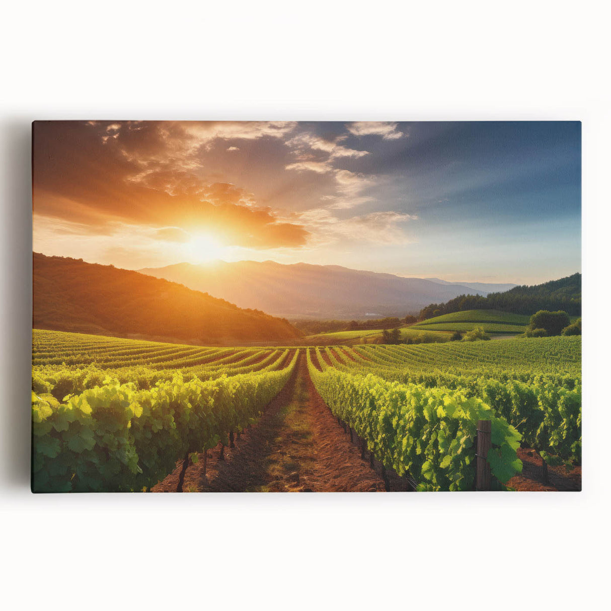 Stretched canvas artwork showcasing a vibrant vineyard landscape design, featuring lush green vines and rolling hills, ideal for enhancing home decor.