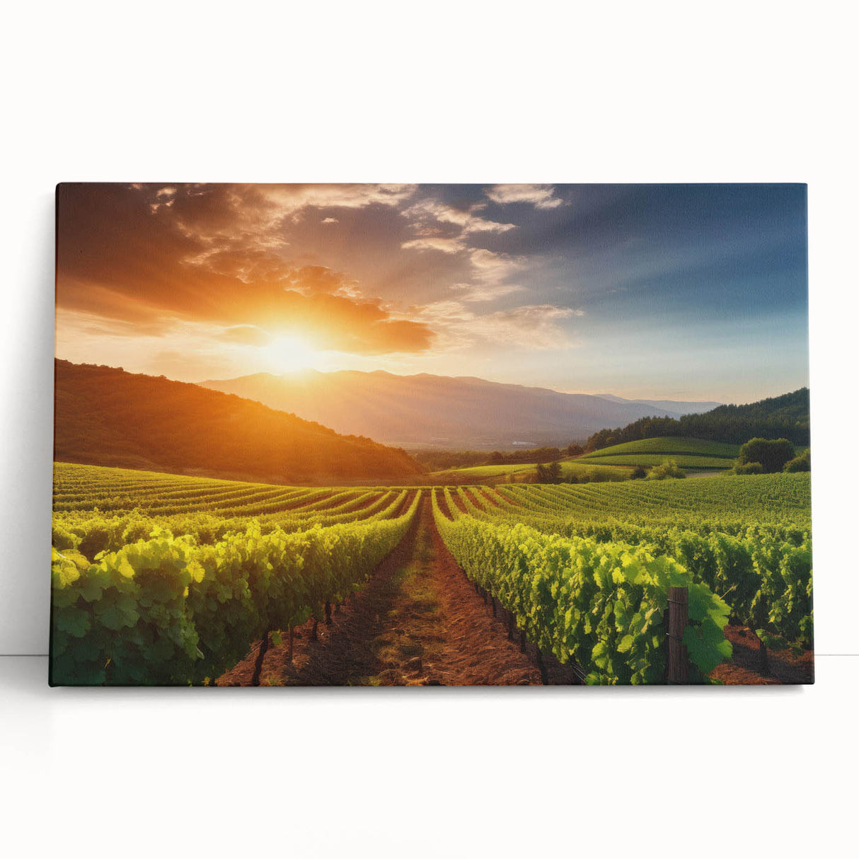 Vibrant stretched canvas wall art depicting a serene vineyard landscape with lush green vines and rolling hills, perfect for adding a touch of nature to home decor.