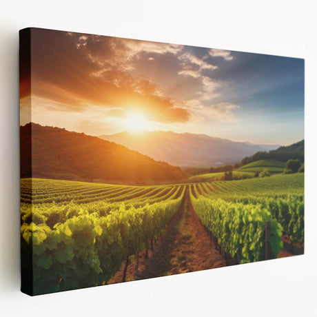 Vibrant stretched canvas artwork depicting a picturesque vineyard landscape, showcasing lush green vines and rolling hills under a clear blue sky, ideal for home decor.