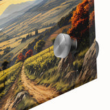 Close-up of a vibrant vineyard landscape wall art piece, showcasing rich green vines and golden sunlight, framed in clear acrylic glass for a modern aesthetic.