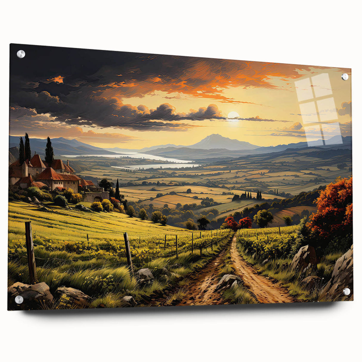 Acrylic-glass wall art collection showcasing a vibrant vineyard landscape design, displayed in a side view with visible mounting pins, ideal for home decor.