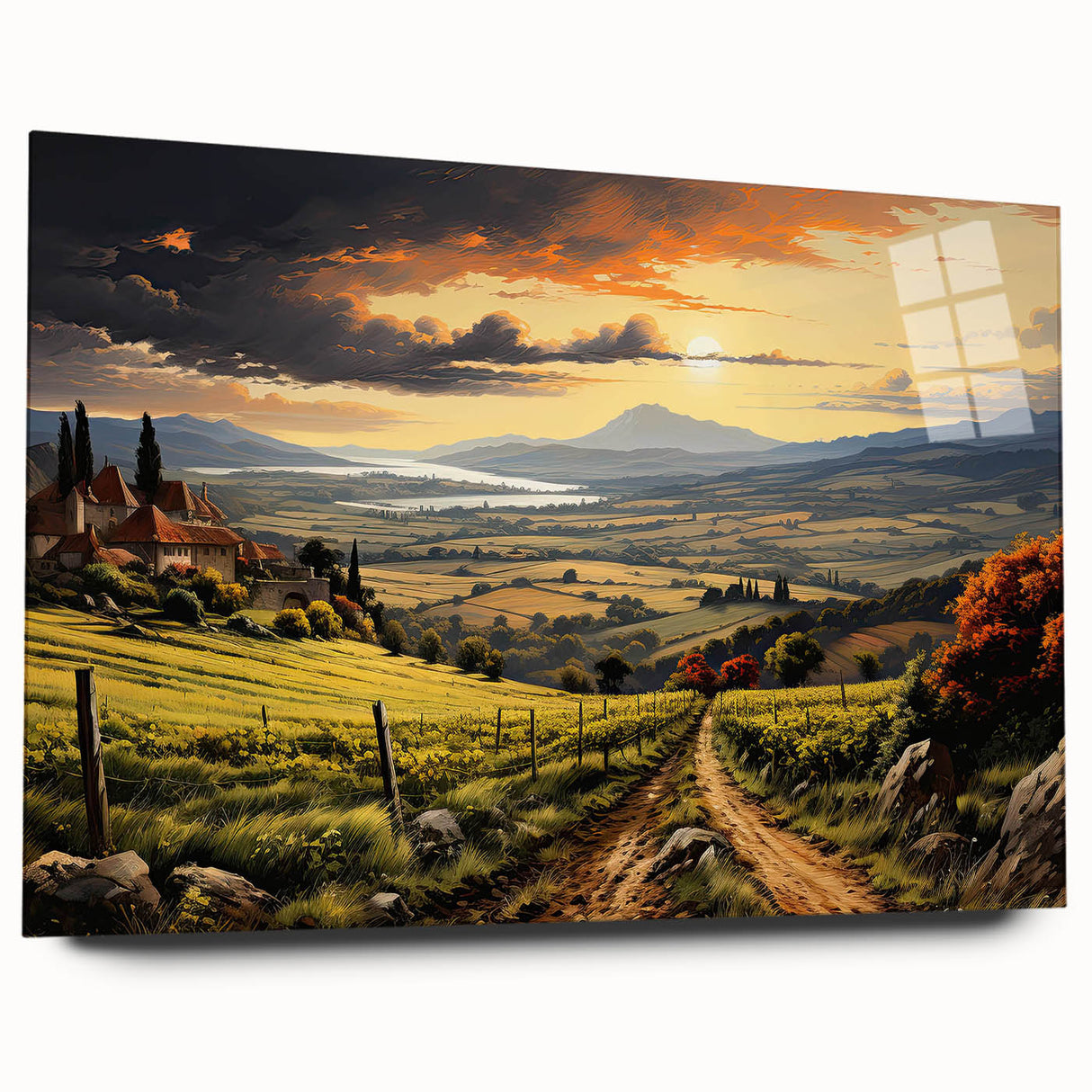 Acrylic glass wall art collection showcasing a vibrant vineyard landscape design in a side view, emphasizing rich colors and intricate details, perfect for home decor.