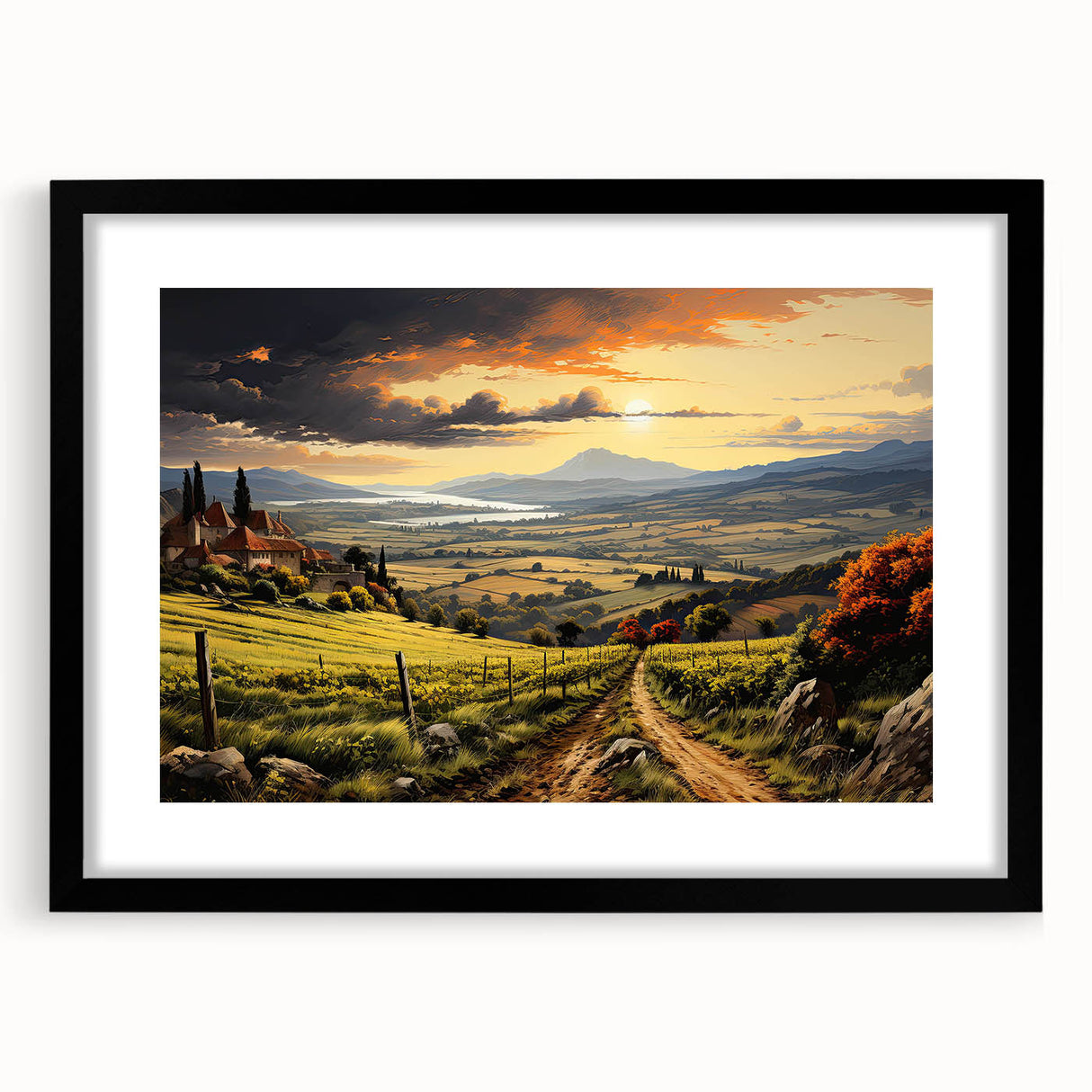 Black-framed wall art featuring a serene vineyard landscape design, with a mat surrounding the artwork, ideal for enhancing home decor with a touch of nature's beauty.