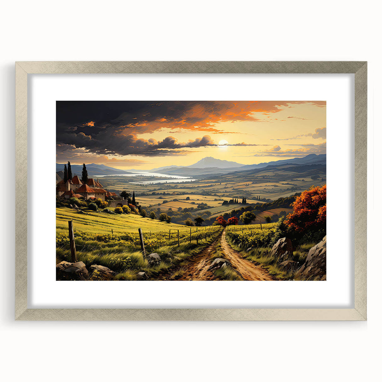 Elegant silver-framed wall art showcasing a beautiful vineyard landscape design, complete with a mat for added depth, ideal for enhancing home decor.