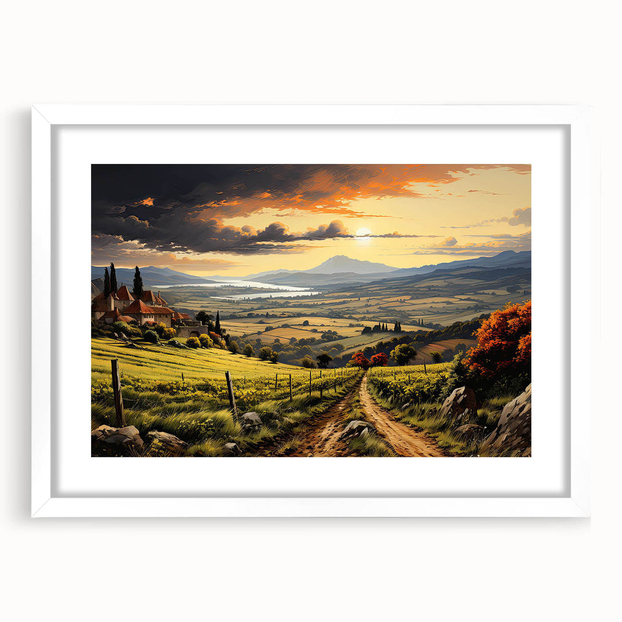 Framed wall art featuring a picturesque vineyard landscape, with lush green vines and rolling hills, set in a sleek white mat and frame, perfect for home decor.