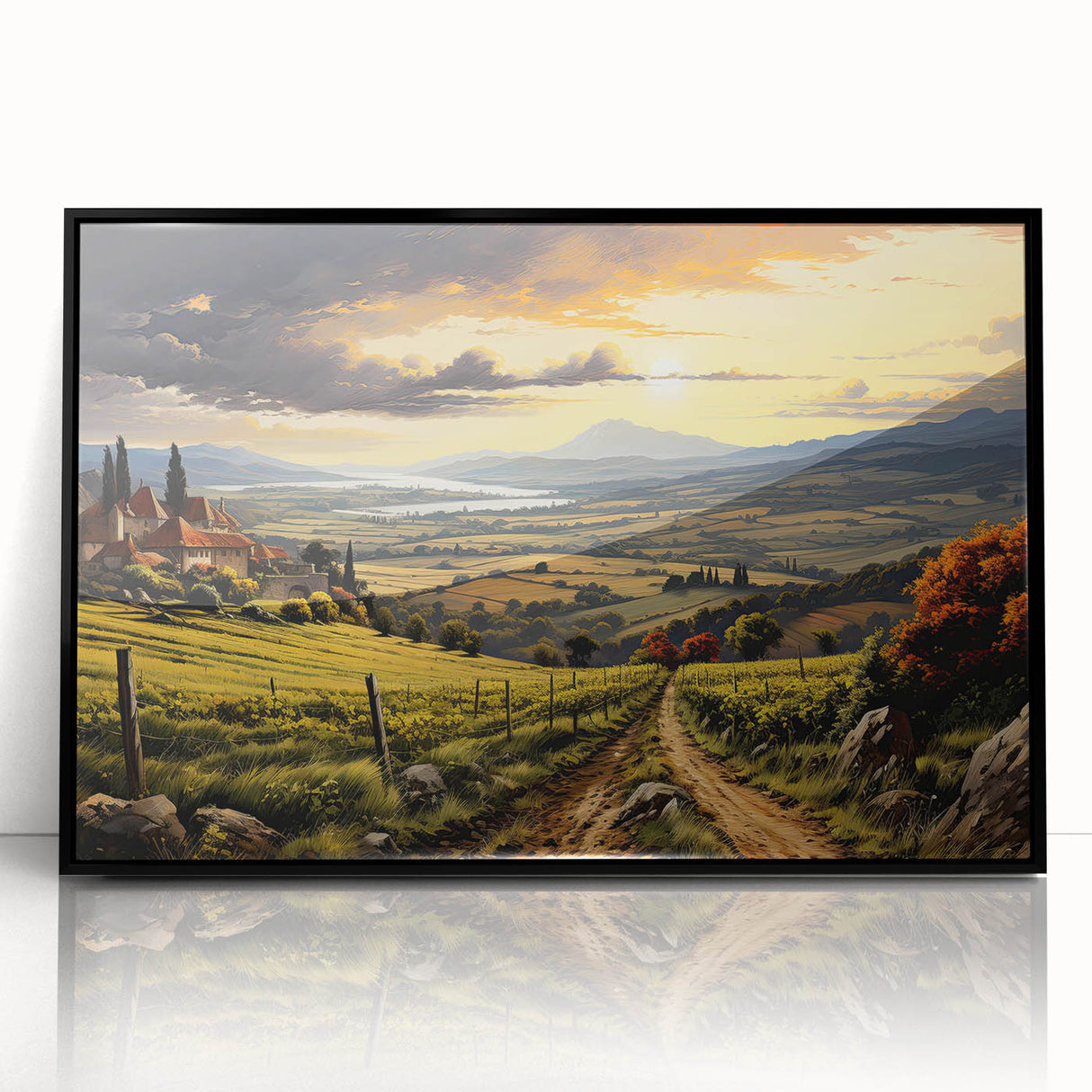 Framed acrylic wall art featuring a scenic vineyard landscape design, showcasing vibrant green grapevines against a clear blue sky, ideal for home décor.