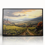 Framed acrylic wall art featuring a scenic vineyard landscape design, showcasing vibrant green grapevines against a clear blue sky, ideal for home décor.