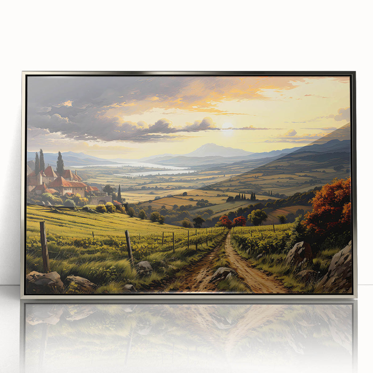 Framed acrylic wall art featuring a vibrant vineyard landscape design with a silver frame, perfect for enhancing home decor in wine-themed settings.