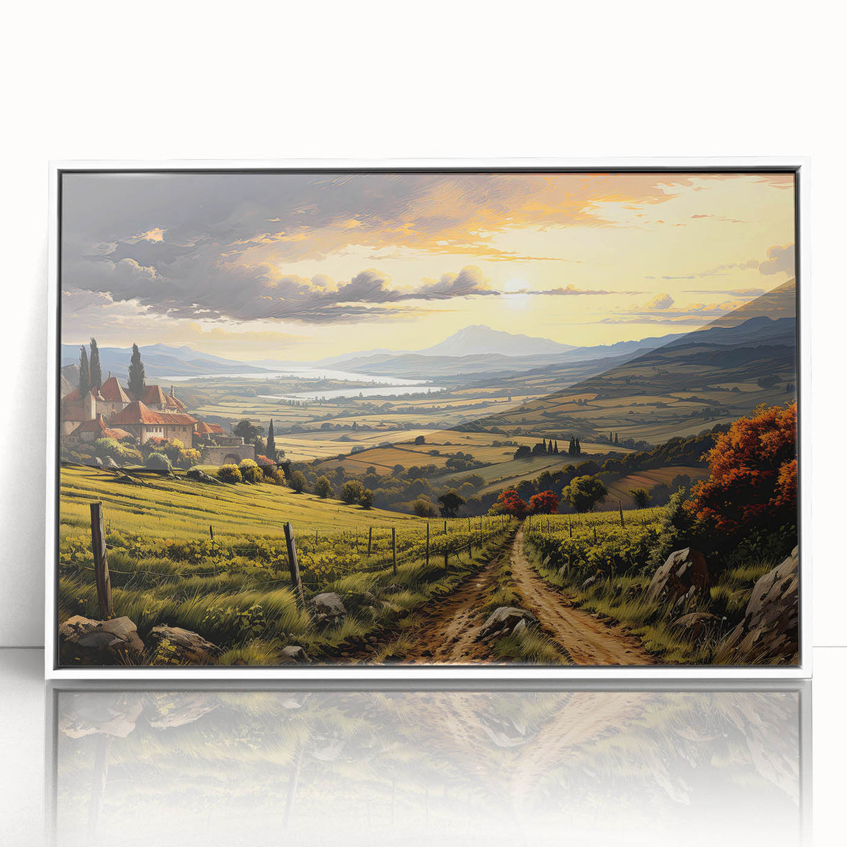 Framed wall art collection showcasing a picturesque vineyard landscape design with vibrant colors, set in a sleek white frame, ideal for home decor.