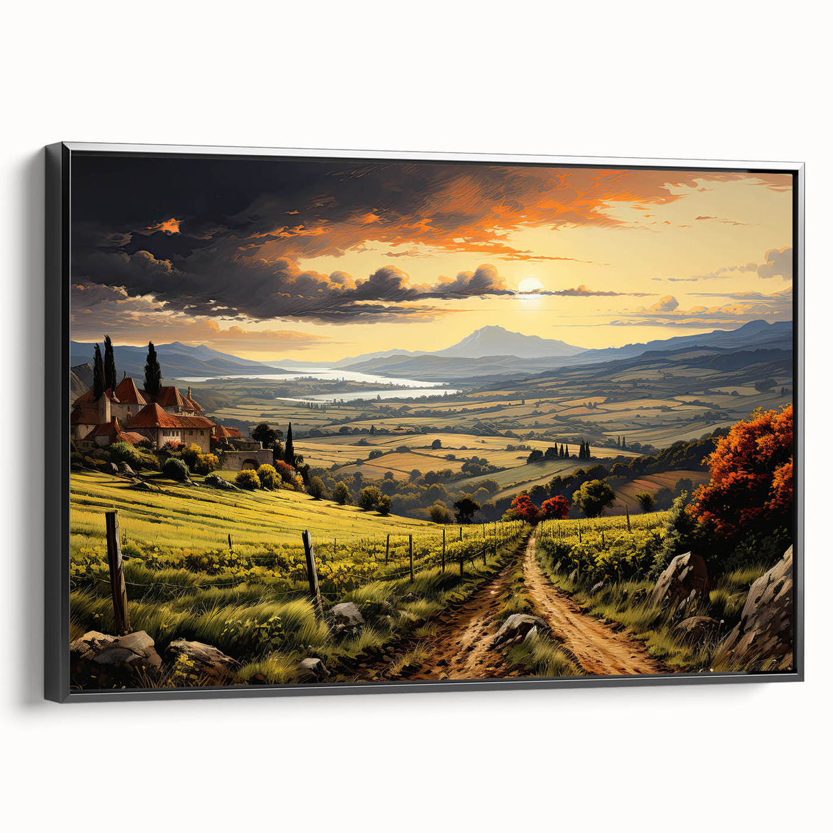 Framed black canvas wall art showcasing a serene vineyard landscape design, capturing vibrant green vines against a soft blue sky, ideal for home decor.