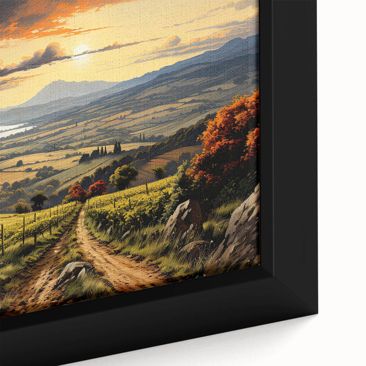Close-up of a framed canvas wall art piece showcasing a vibrant vineyard landscape, featuring lush green vines and rolling hills, perfect for enhancing home decor.