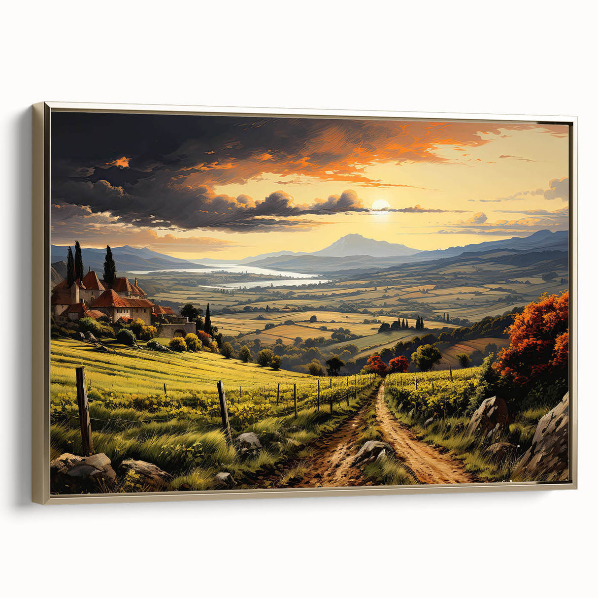 Framed canvas wall art showcasing a beautiful vineyard landscape design with golden accents, ideal for enhancing home decor in a rustic or elegant setting.