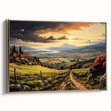 Framed canvas wall art showcasing a beautiful vineyard landscape design with golden accents, ideal for enhancing home decor in a rustic or elegant setting.