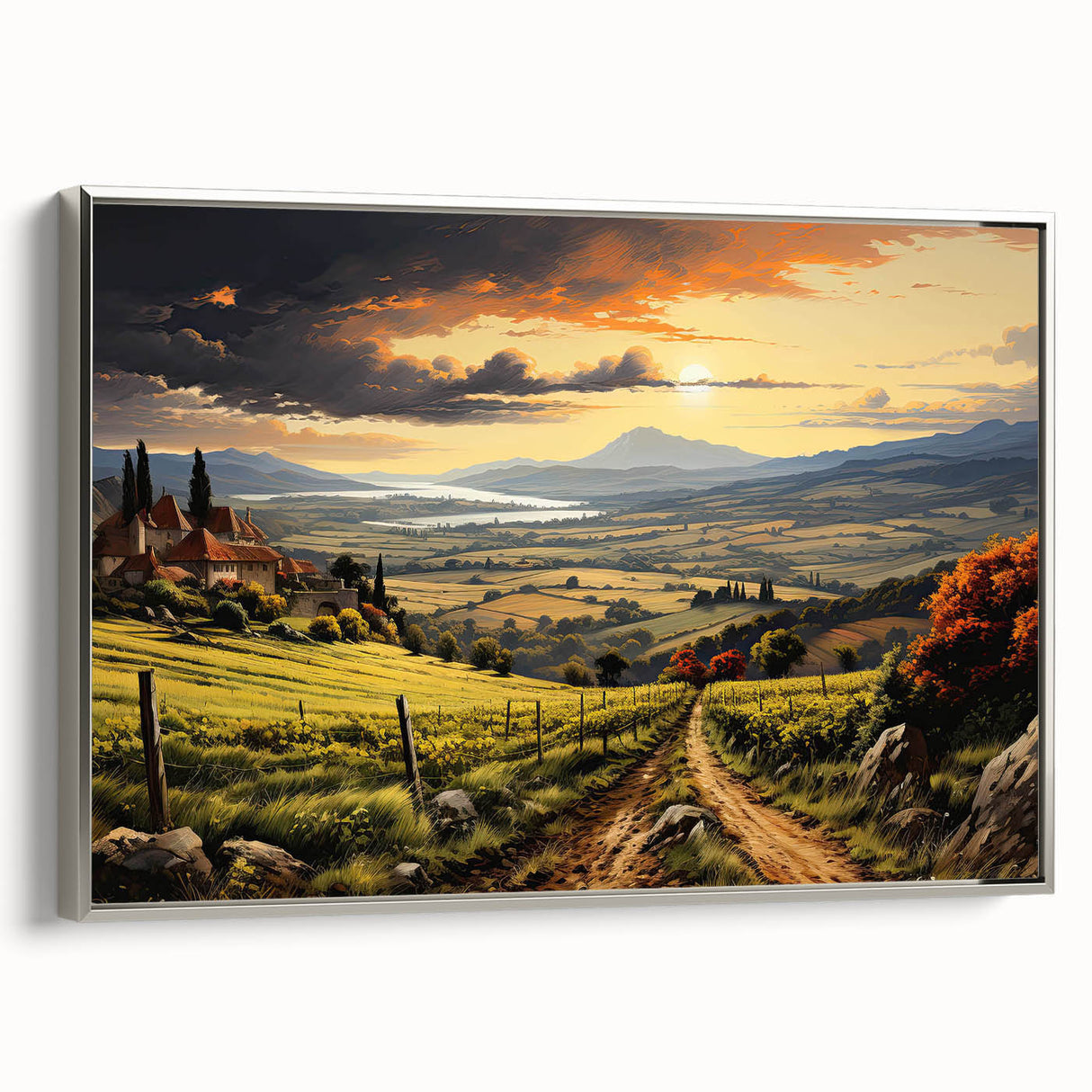 Framed canvas wall art showcasing a serene vineyard landscape design with rich green vines and a silver frame, perfect for enhancing home decor and ambiance.