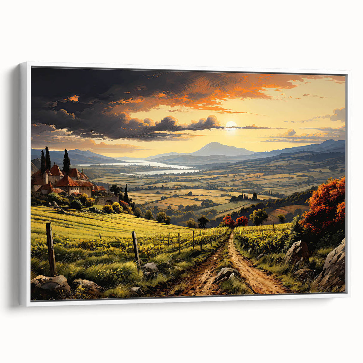 Framed canvas wall art showcasing a picturesque vineyard landscape design, featuring lush green grapevines against a serene sky, perfect for home decor.