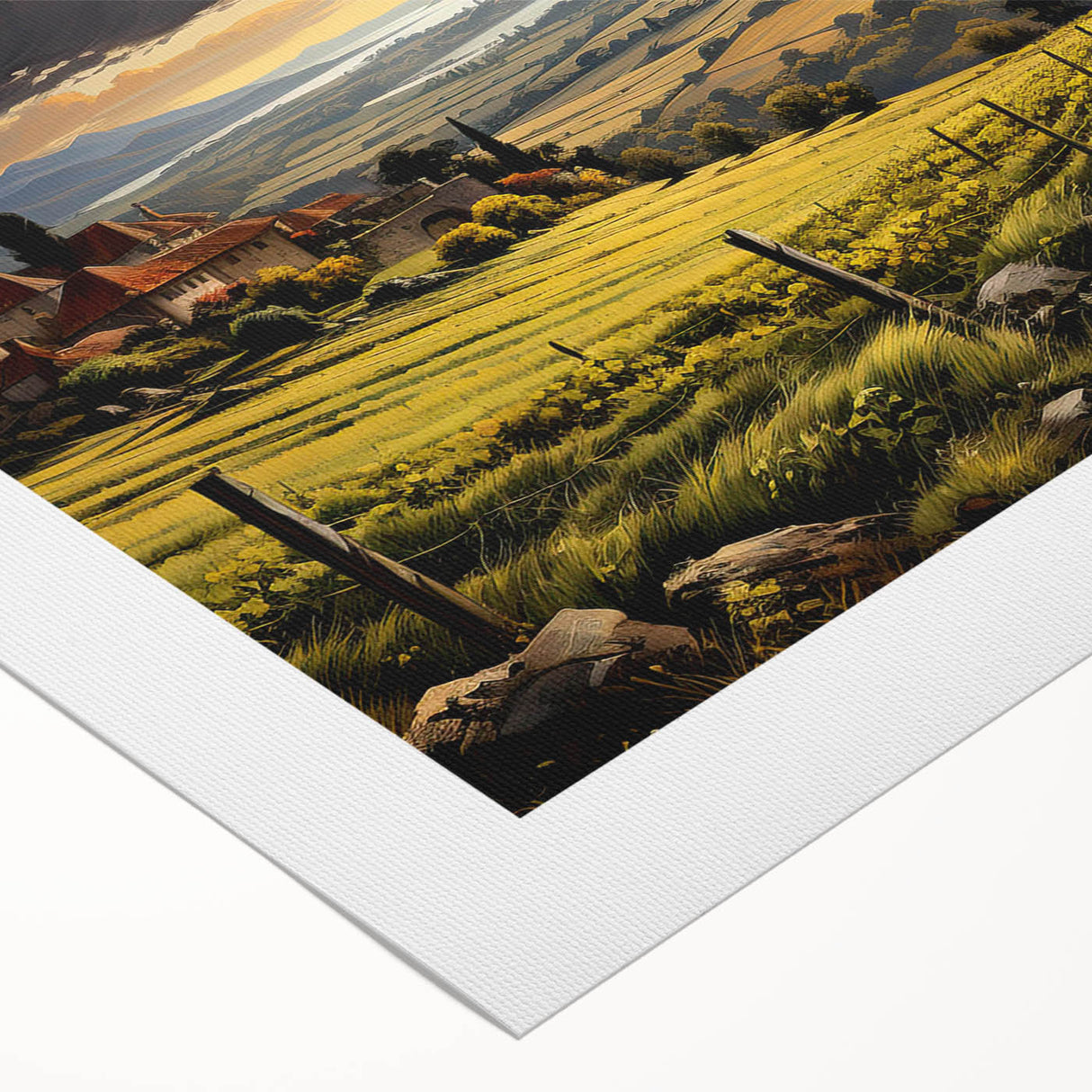 Vibrant vineyard landscape wall art on rolled canvas, showcasing lush green grapevines under a bright blue sky, ideal for home decor and wine enthusiasts.