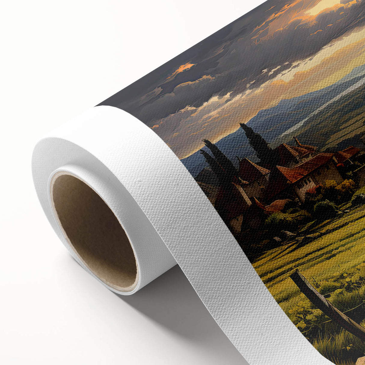 Vibrant rolled canvas artwork depicting a serene vineyard landscape, showcasing lush green grapevines and rolling hills under a clear blue sky, perfect for home decor.