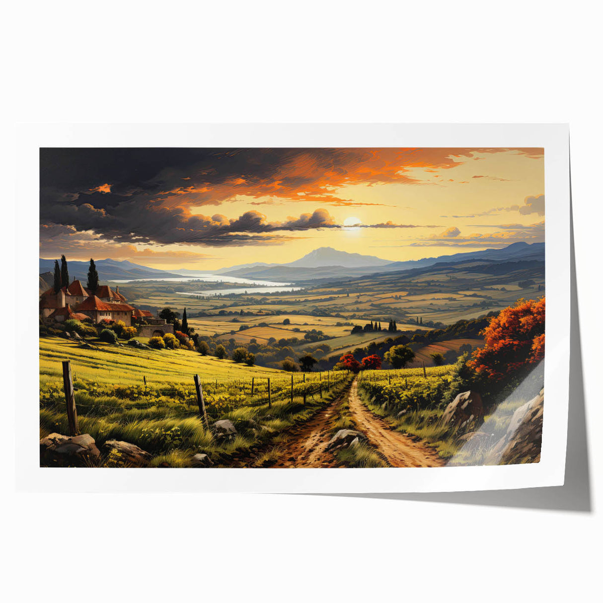 Vibrant rolled print showcasing a picturesque vineyard landscape with lush green hills and a bright blue sky, perfect for enhancing home decor.