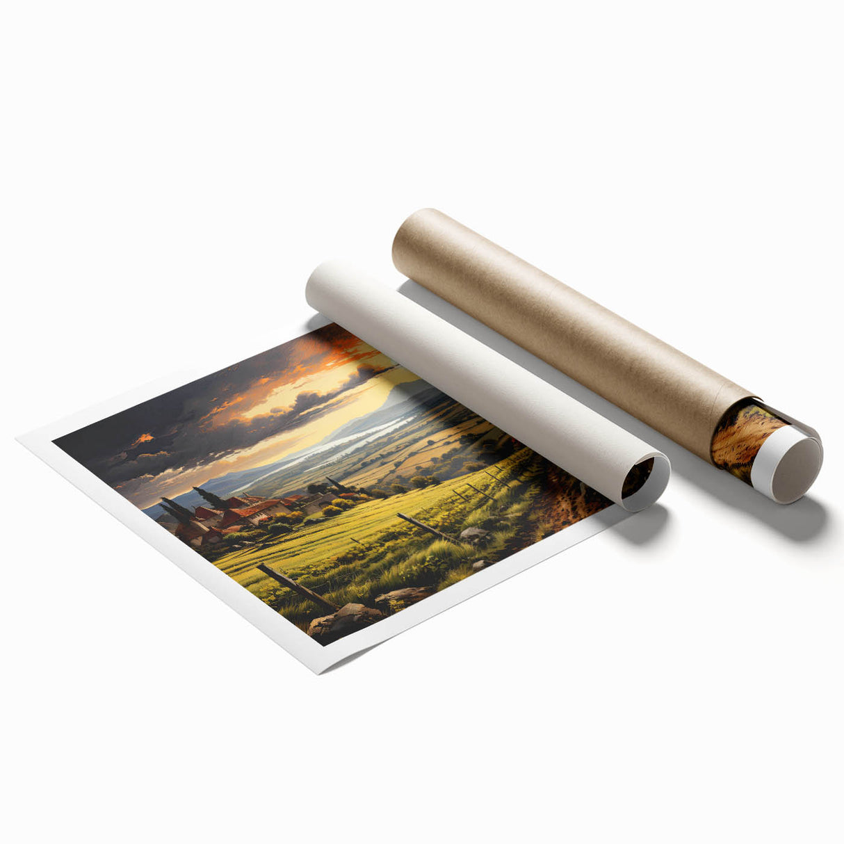 Vibrant rolled print showcasing a picturesque vineyard landscape with lush green vines and rolling hills, perfect for home décor or art collection.