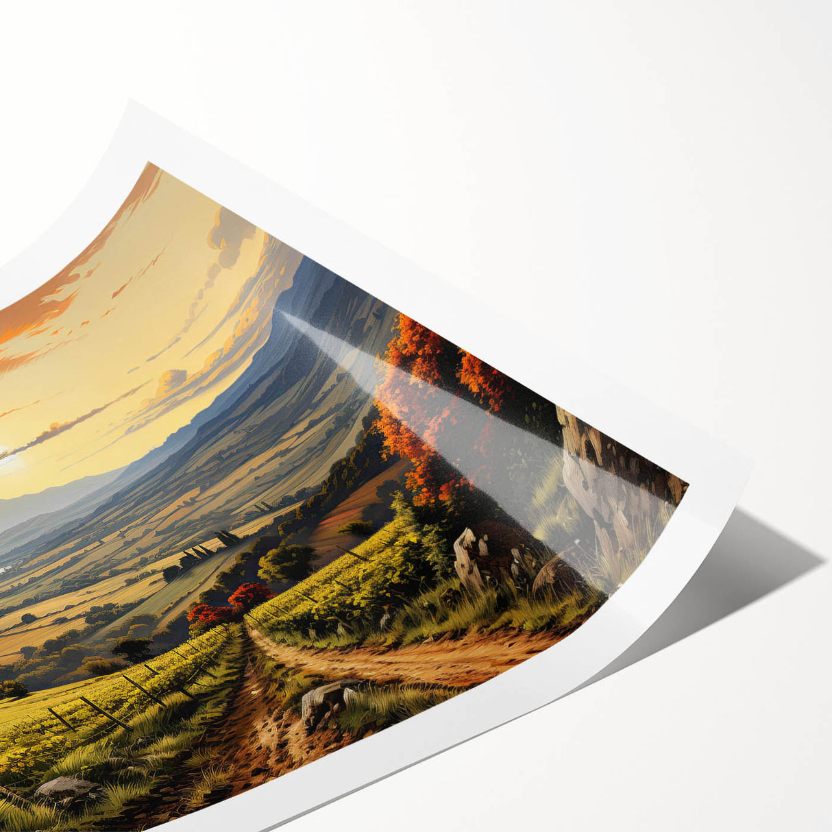 Vibrant vineyard landscape wall art print showcasing lush green grapevines and rolling hills, ideal for enhancing home decor with an artistic touch.