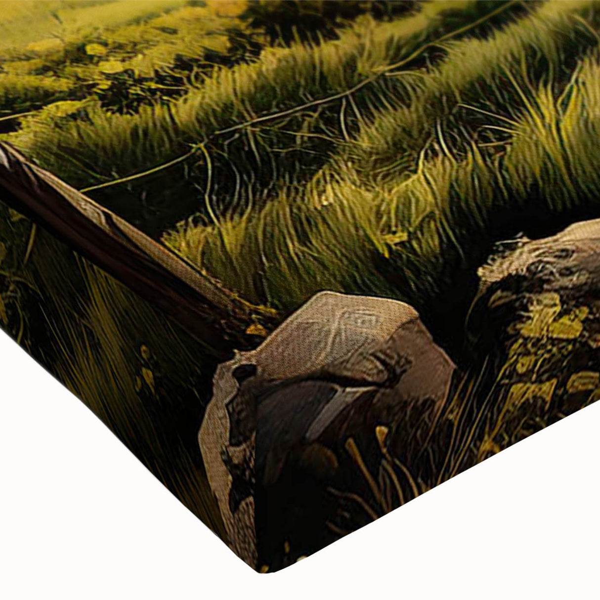Close-up of a stretched canvas wall art piece depicting a vibrant vineyard landscape, showcasing lush green vines and rich earth tones, perfect for home decor enthusiasts.