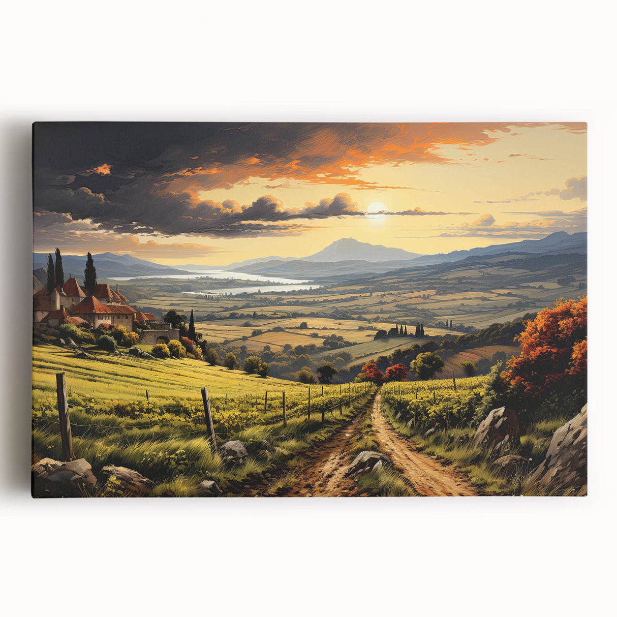 Stretched canvas artwork showcasing a picturesque vineyard landscape with lush green vines and rolling hills, designed to enhance home decor and inspire tranquility.