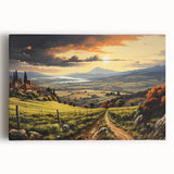 Stretched canvas artwork showcasing a picturesque vineyard landscape with lush green vines and rolling hills, designed to enhance home decor and inspire tranquility.