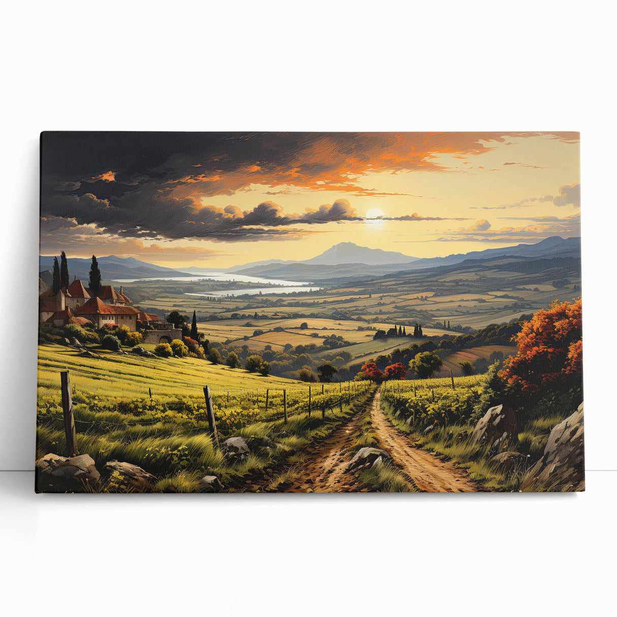 Stretched canvas artwork depicting a serene vineyard landscape, showcasing lush green vines and rolling hills, perfect for home decor and art enthusiasts.