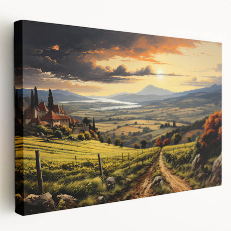 Stretched canvas wall art showcasing a vibrant vineyard landscape design, featuring rolling hills and lush grapevines, ideal for enhancing home decor.