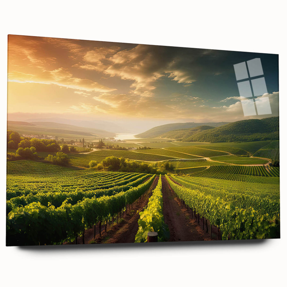 Side view of an acrylic glass wall art piece displaying a vibrant vineyard landscape design, showcasing lush green vines and rolling hills, ideal for home decor.