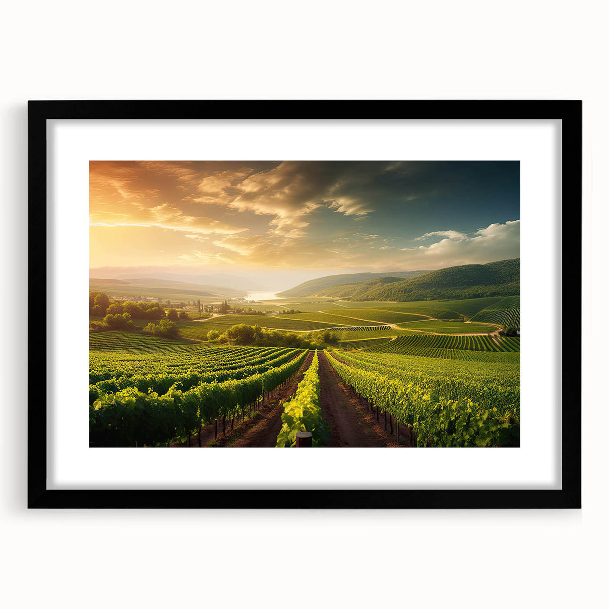 Black-framed wall art featuring a vibrant vineyard landscape design, showcasing lush green vines and rolling hills, perfect for adding elegance to home decor.