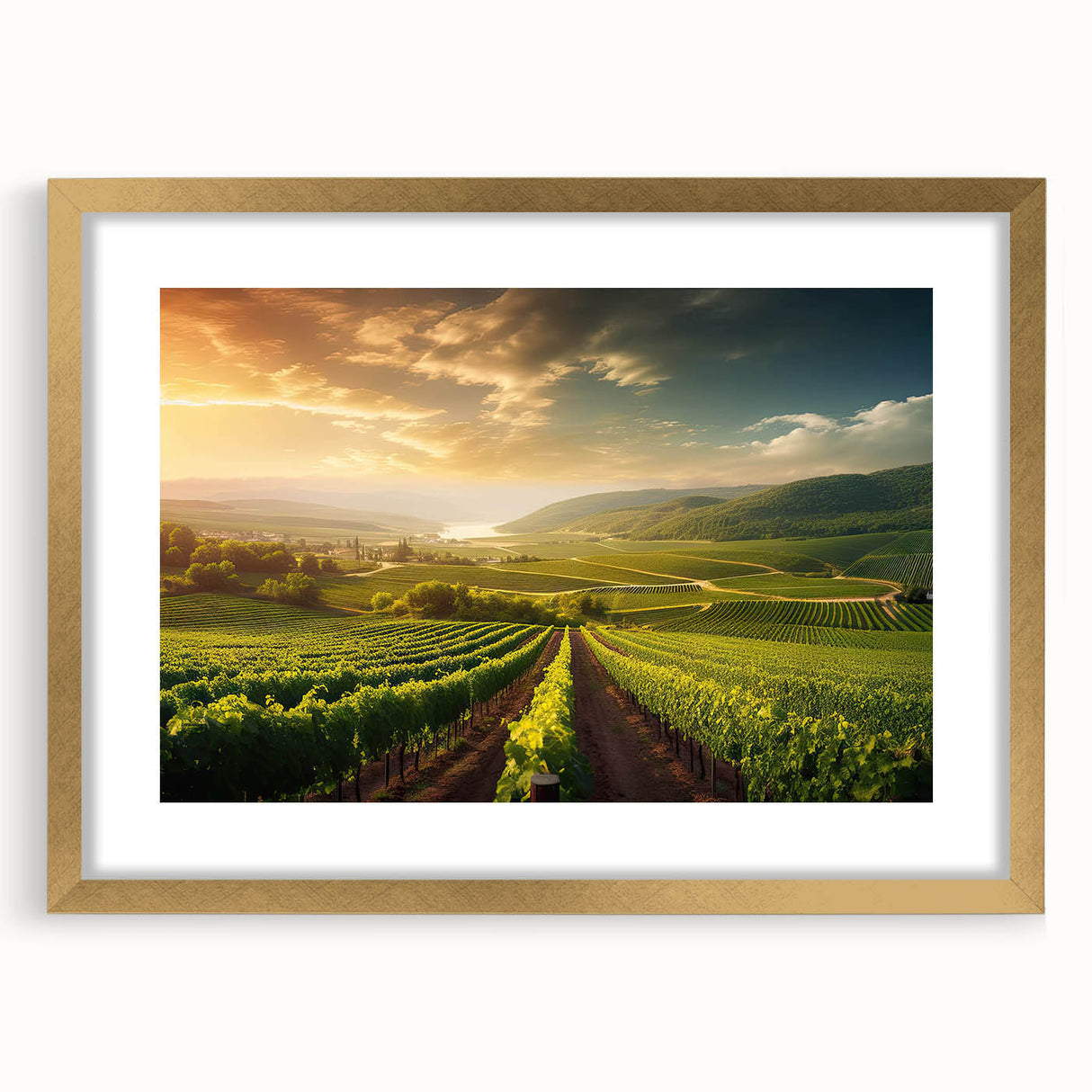 Framed wall art collection showcasing a vineyard landscape design with a gold mat, perfect for home decor. Features rich colors and elegant framing for an upscale look.