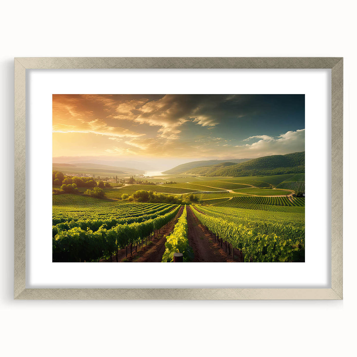 Framed wall art featuring a picturesque vineyard landscape design, elegantly matted with a silver frame, perfect for enhancing home decor with a touch of nature.