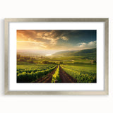 Framed wall art featuring a picturesque vineyard landscape design, elegantly matted with a silver frame, perfect for enhancing home decor with a touch of nature.