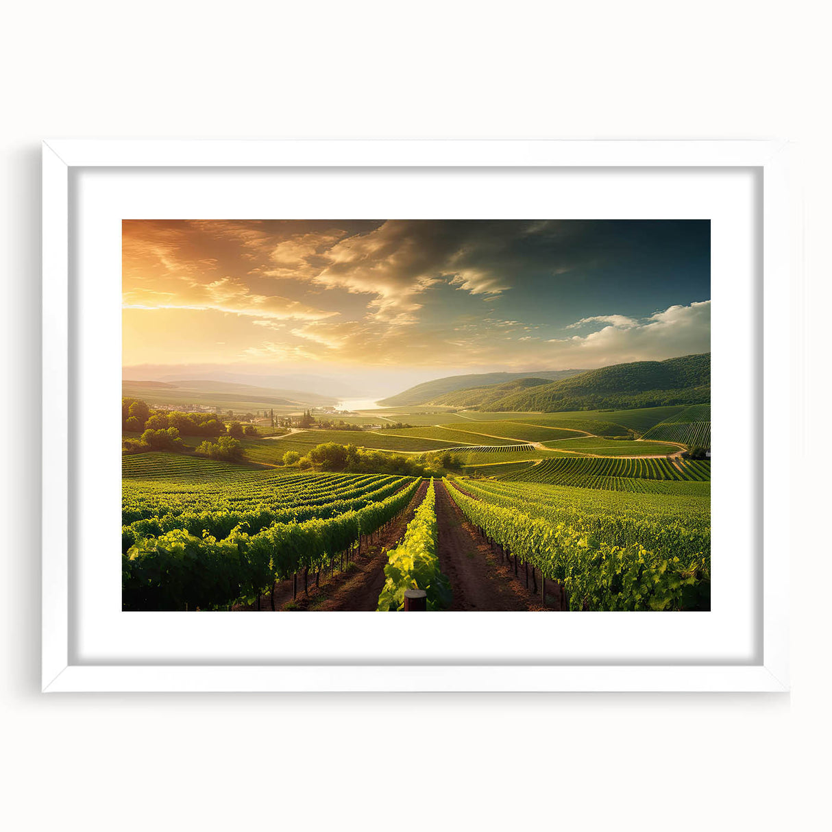 Vibrant framed wall art featuring a picturesque vineyard landscape design, showcasing lush green vines and rolling hills, complemented by a white mat for an elegant display.