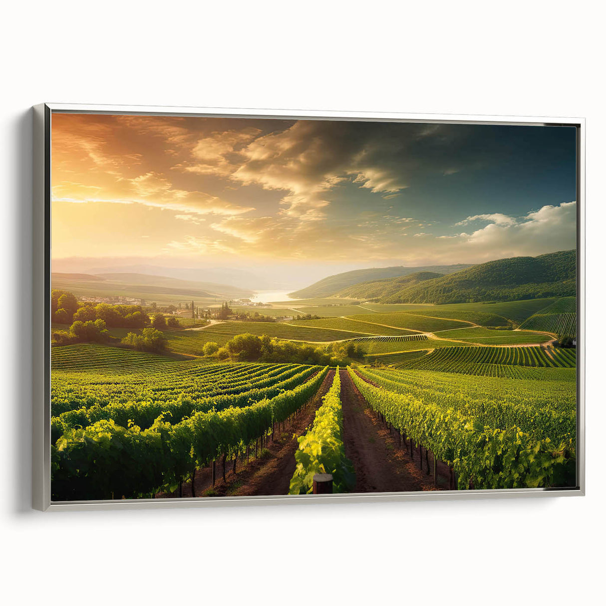 Elegant framed canvas wall art showcasing a vineyard landscape with lush green vines and rolling hills, accented by a silver frame, ideal for enhancing home decor.