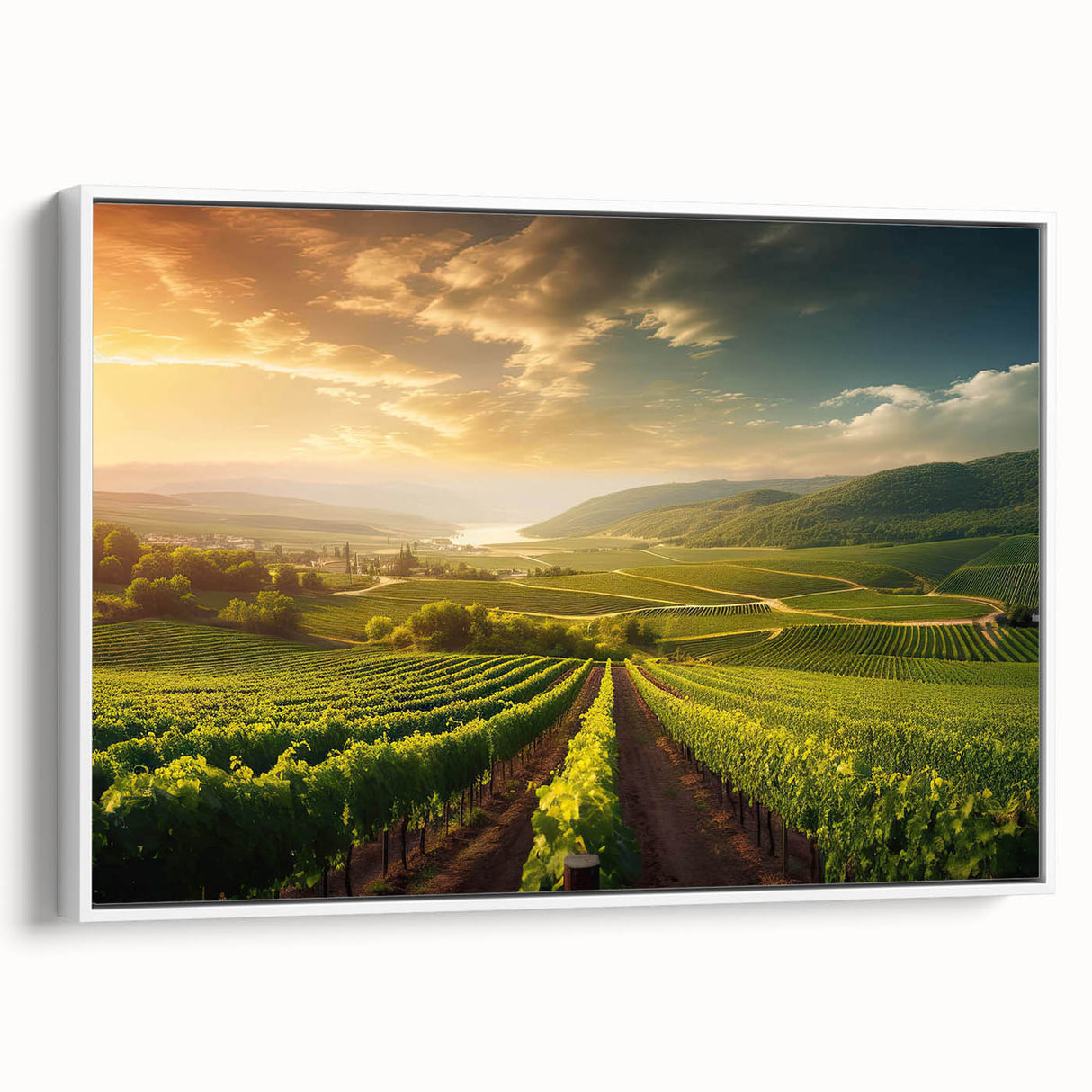 Framed canvas wall art featuring a scenic vineyard landscape design with lush green vines and rolling hills, presented from a side view against a white backdrop.