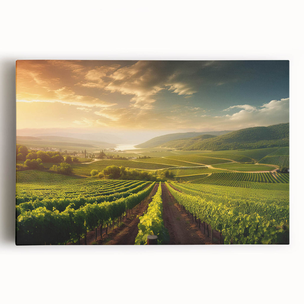 Stretched canvas artwork showcasing a vibrant vineyard landscape design, featuring lush green vines and rolling hills, ideal for enhancing home decor with an elegant touch.