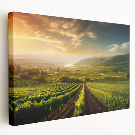 Stretched canvas wall art depicting a scenic vineyard landscape, featuring lush green vines and rolling hills under a bright blue sky, ideal for home decor.