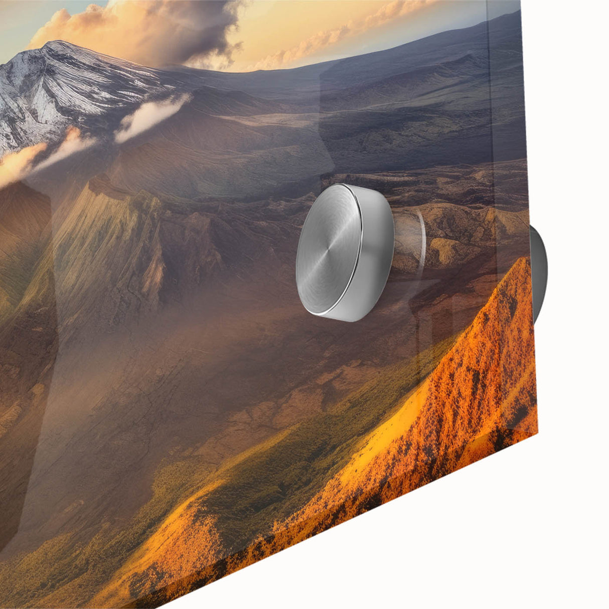 Close-up of a vibrant acrylic glass wall art piece showcasing a dramatic volcano landscape, featuring rich colors and intricate details, perfect for home decor.