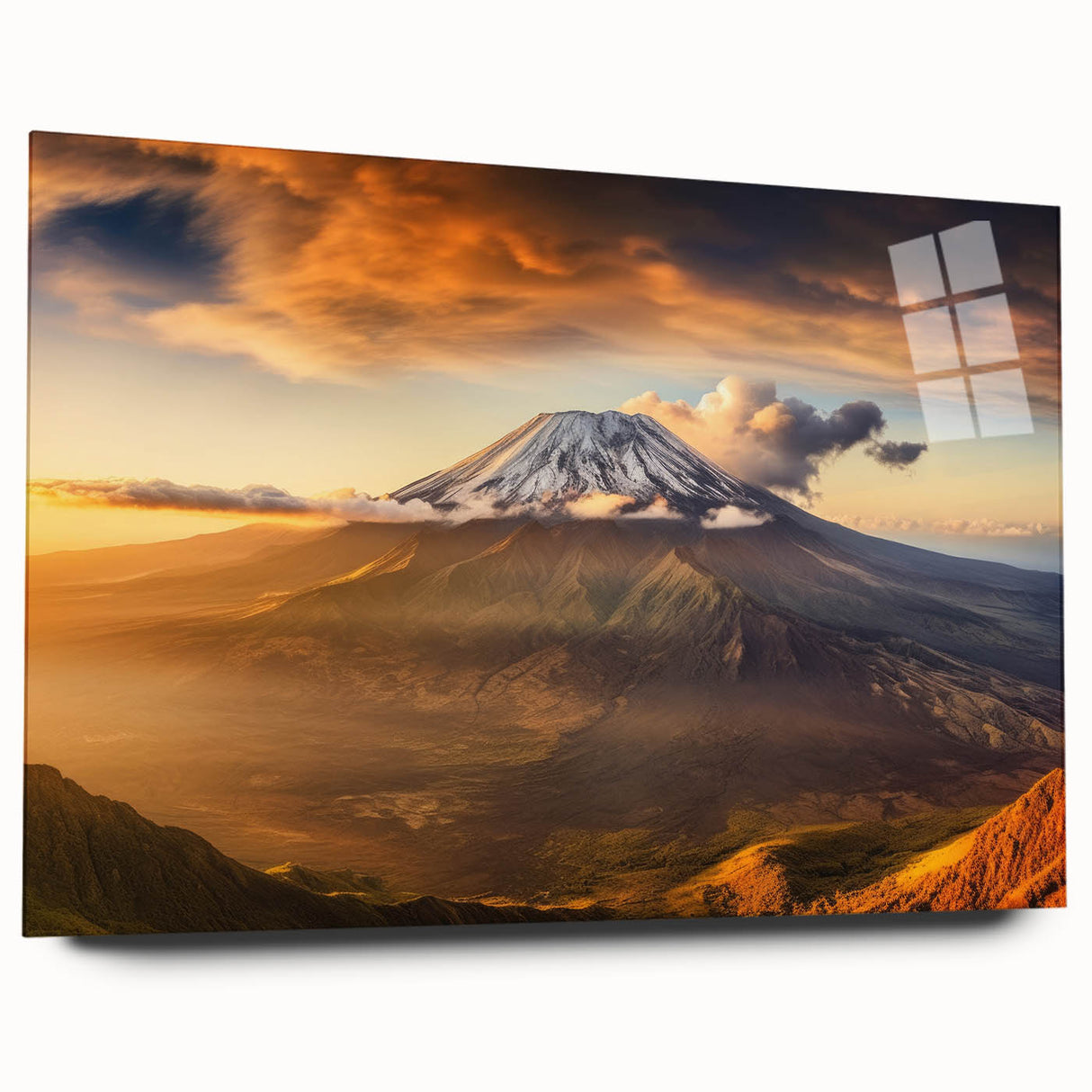 Acrylic glass wall art displaying a vibrant volcano landscape design, showcasing vivid colors and intricate details, ideal for modern home decor.