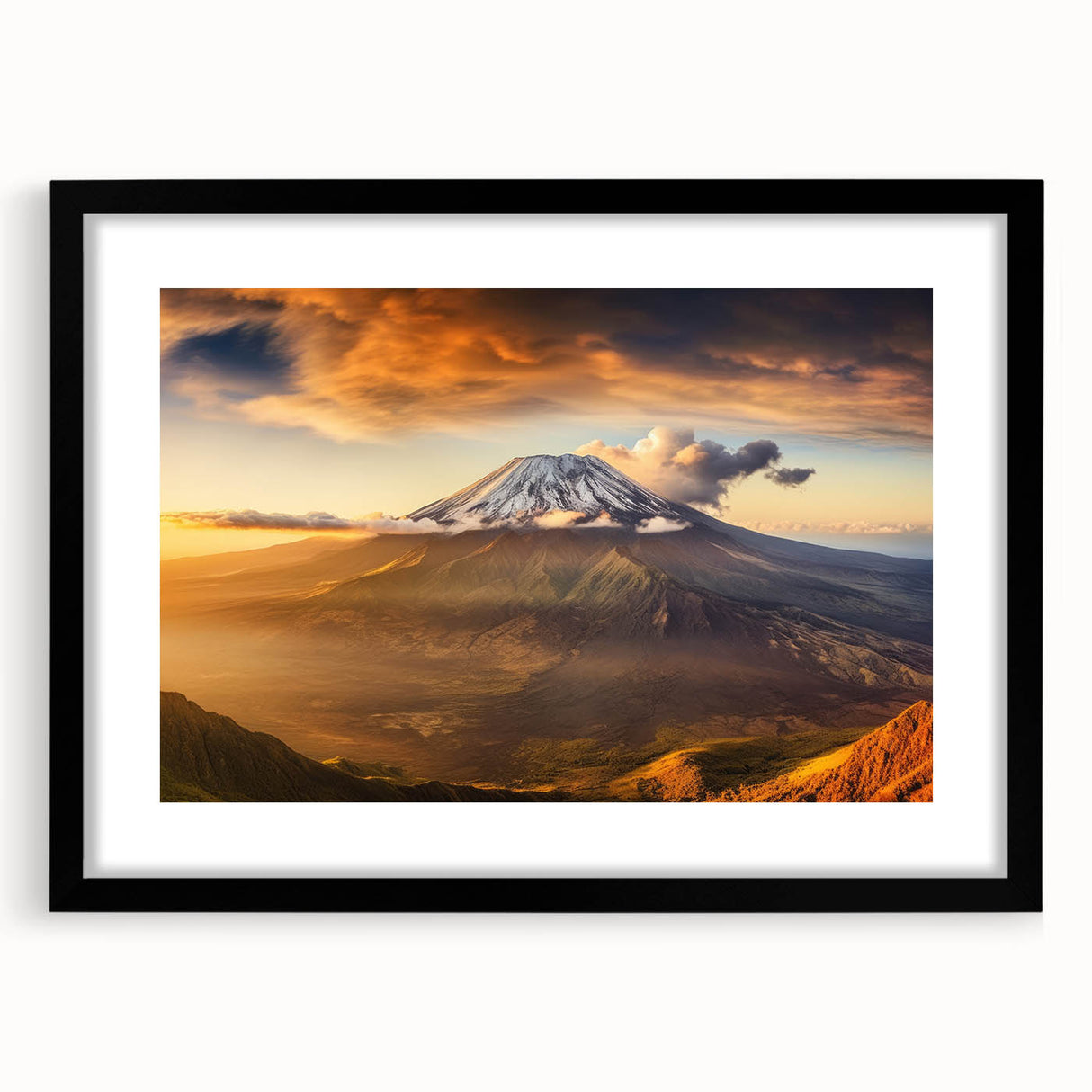 Framed black wall art featuring a stunning volcano landscape design with a matte finish, ideal for modern home decor and art enthusiasts. The piece showcases vibrant colors and intricate details, making it a striking focal point for any room.